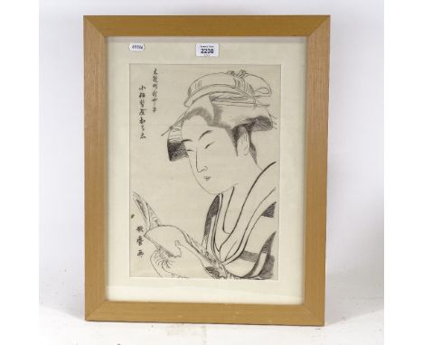 Utamaro, original Japanese pen and ink drawing, woman reading a book, text inscription, 14.5" x 10", framedSeveral light crea