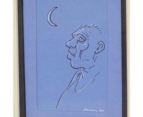Peter Howson OBE (born 1958), ink hand drawn card, man looking at the moon, signed and dated '04, 5.25" x 3.75", framed, toge