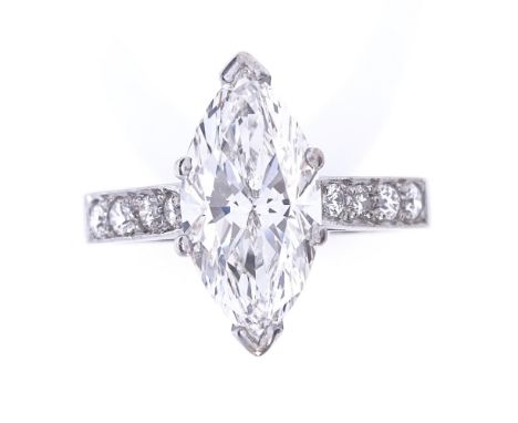 A 3.75ct marquise brilliant-cut solitaire diamond ring, graduated round brilliant-cut diamond shoulders in 18ct white gold se