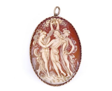 A relief carved shell cameo panel pendant, depicting The Three Graces, in unmarked gold frame, height excluding bale 48.3mm, 
