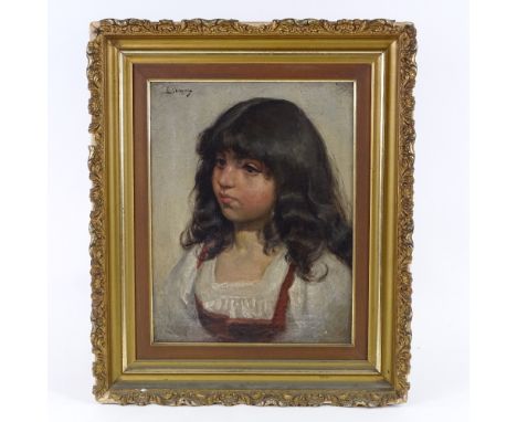 L Wagner, oil on canvas, portrait of a child, signed, 15" x 12", framedPaint crazing in the background which is slightly lift