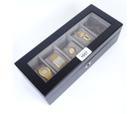 A modern Mele & Co 5-section watch storage box, containing 7 watches which include Tissot, Avia and RotaryBox in very good or