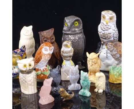 A collection of ornamental owls, including an electroplate pepperette, height 8cm, Bilston enamel ivory and hardstone 