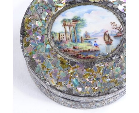 An Italian Grand Tour scagliola decorated circular box, mother-of-pearl on tortoiseshell with inset painted enamel plaque to 