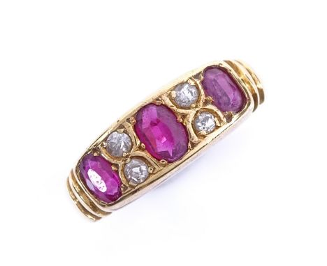 A 19th century 18ct gold 7-stone ruby and diamond half hoop ring, setting height 6.1mm, size I/J, 3.2gGood overall condition,