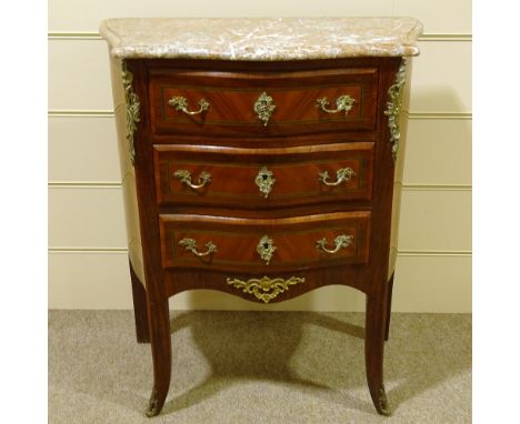 A French kingwood serpentine-front commode, with shaped marble top and ormolu mounts, width 73cm, height 85cm 