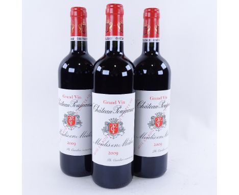 3 bottles of Bordeaux red wine from Chateau Poujeaux, Moulis-en-Medoc,all 2009 Chateau Poujeaux, 75clLots 638 to 678 are bin 