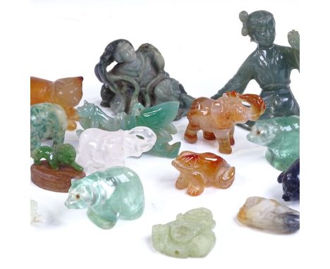 A collection of Chinese jade and hardstone carvings, including jade locust, length 5cm 
