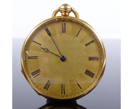 An early 19th century 18ct gold open-face key-wind slimline pocket watch, engine turned dial with Roman numeral hour markers,