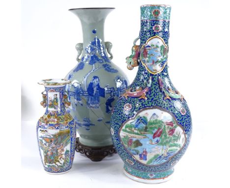 3 19th century Chinese porcelain vases, 1 on ormolu stand, largest height 46cm (A/F) Small vase - some wear and chips to enam