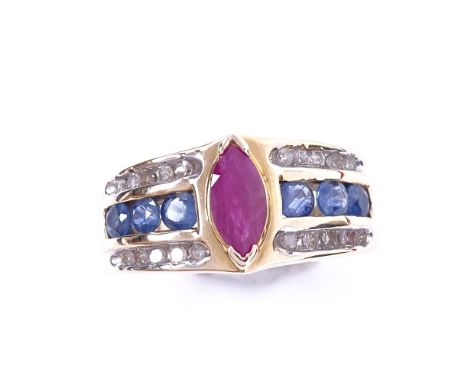 A modern 10ct gold ruby sapphire and diamond dress ring, setting height 10mm, size N, 5.2gVery good original condition, all s