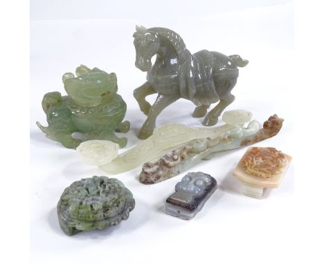 A group of Chinese jade and hardstone carvings, including a relief carved jade rui sceptre, length 18cm (7)All in perfect con