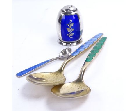 Various Danish sterling silver and enamel silver items, including Volmer Bahner pepper pot and salt spoon, pot height 4cm (4)