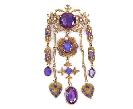 A 19th century style 18ct gold synthetic sapphire and pearl drop brooch, openwork foliate design settings with 5 hanging tass