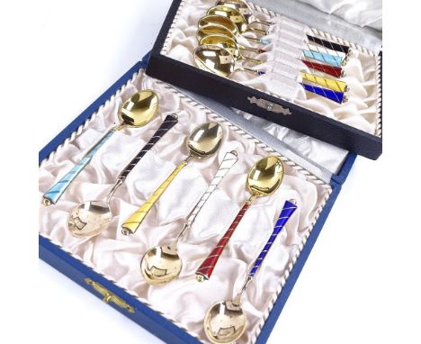 EGON LAURIDSEN - 2 sets of 6 Danish vermeil sterling silver and harlequin enamel coffee spoons, spoon length 9.5cm (12)All in