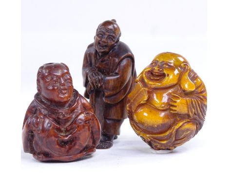 3 Japanese carved wood netsuke, largest figure height 6cm (3) 