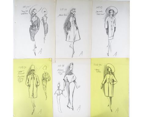 Christian Dior, 6 fashion drawings, circa 1950s, sheet size 13" x 8.5", slight paper discolouration on the edges 