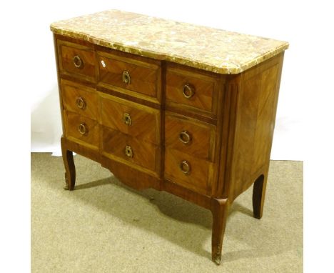 A French kingwood break-front 3-drawer commode with marble top, width 93cm, height 83cm 