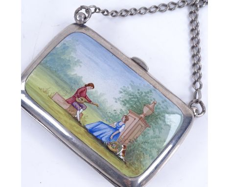 A George V silver and hand painted enamel evening purse, on curb link chain, maker's marks indistinct, hallmarks possibly Bir