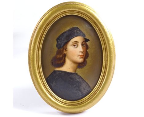 A 19th century hand painted porcelain plaque, portrait of Raphael, unsigned, in oval giltwood frame, overall frame size 17.5c