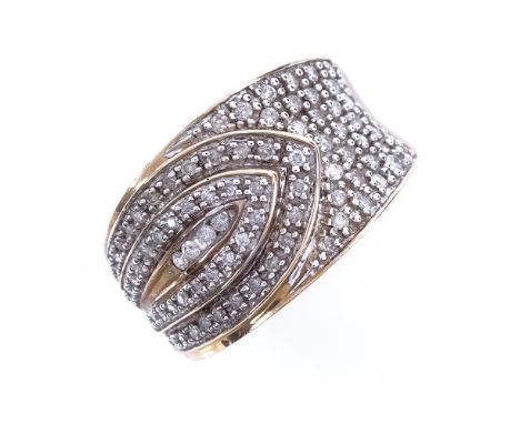 A modern 9ct gold diamond cluster dress ring, setting height 13.4mm, size O, 6gVery good original condition, all stones prese