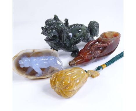 A carved agate ceremonial cup in the form of an antelope head, length 14cm, a carved jade dragon, length 17cm, a 2-colour jad