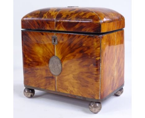 A 19th century tortoiseshell tea caddy, inlaid silver wirework and silver ball feet, with inner lids, width 15cmHinges slight