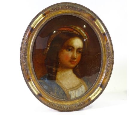 19th century oil painting behind convex glass, portrait of a woman, in gilt-gesso frame, overall frame size 22" x 20"Good con