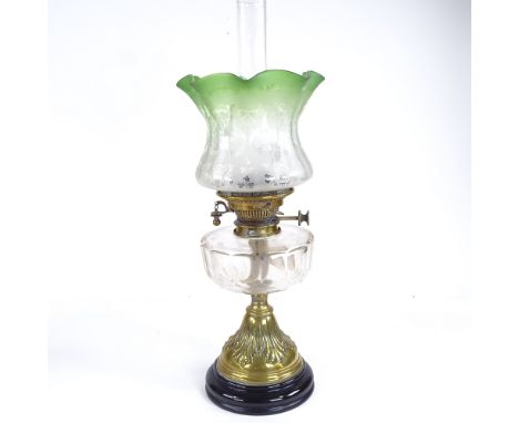 A Victorian brass and cut-glass oil lamp, with etched frilled green glass shade, height to top of shade 47cm 