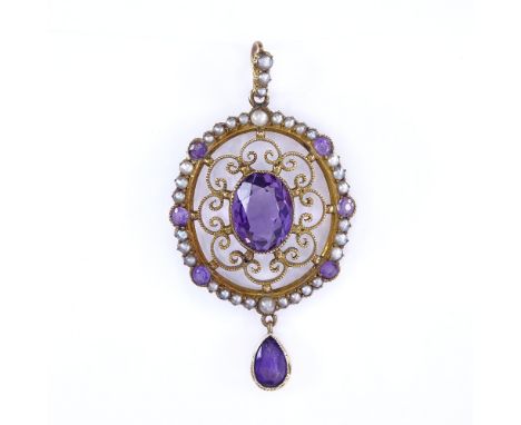 An early 20th century 9ct gold amethyst and split pearl openwork pendant, height excluding bale 37.2mm, 3.4gVery good origina