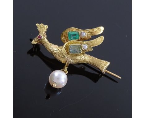 An Antique unmarked gold emerald ruby and pearl figural bird brooch, length 28.6mm, 2.4gGood overall condition, all stones pr