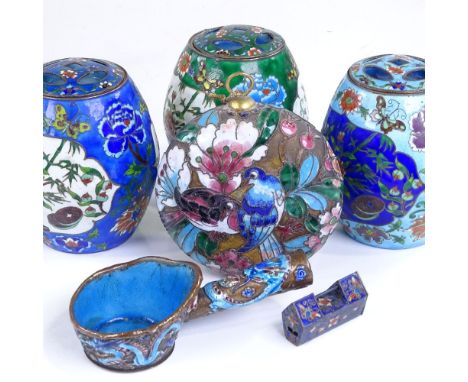 A set of 3 Chinese cloisonne enamel barrel shaped pots and covers, height 10.5cm, and 2 other cloisonne items (5) 