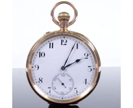 An early 20th century 9ct gold open-face top-wind pocket watch, white enamel dial with black Arabic numerals, blued steel han