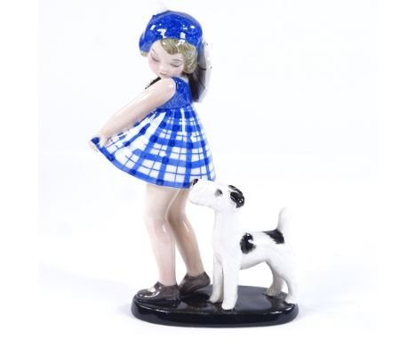 GOLDSCHEIDER - Art Deco porcelain group, girl with a Fox Terrier dog, serial no. 7063, height 20cmGood condition, no restorat