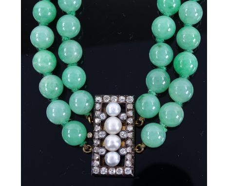A double-row polished jade pearl and diamond necklace, 101 individually knotted jade beads measuring approx 8.5mm on a rectan