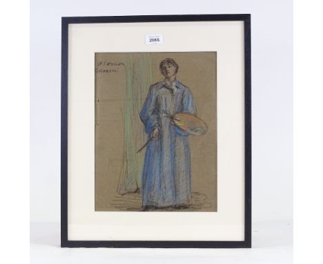 Circle of Laura Knight, coloured pastels/charcoal on brown paper, portrait of an artist, circa 1910, indistinct inscription, 