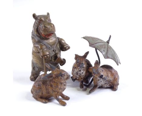A miniature cold painted bronze caricature hippo with a walking stick, unsigned, height 5cm, and a cold painted metal rabbit 