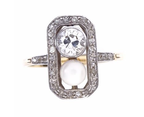 An Art Deco 18ct gold whole pearl and diamond cluster panel ring, geometric octagonal form with diamond border and shoulders,