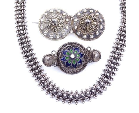 A Victorian style sterling silver chain necklace, and 2 Scandinavian silver Viking shield brooches, necklace length 39cm, 48.