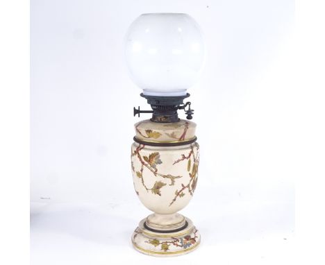 Royal Worcester ceramic oil lamp, with gilded and painted decoration, Hinks fitting, milk glass shade, height including shade