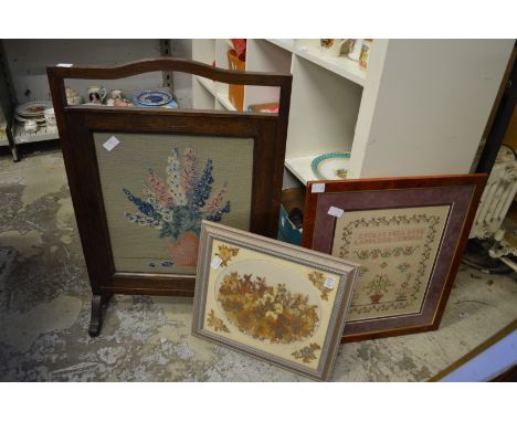 An oak framed needlework fire screen and two other items.