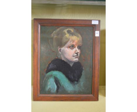 A portrait bust of a lady wearing a green coat with black fur collar, oil on board.