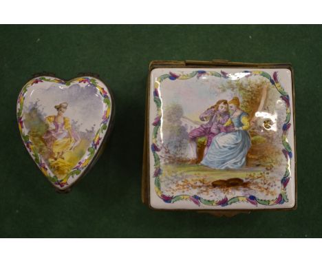 A Continental enamel heart shaped pill box and a similar square box with painted decoration.