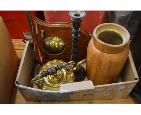 An old brass kettle, barley twist candlestick etc.