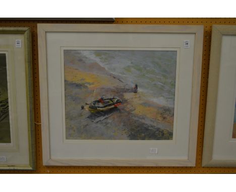 Sheila Goodman, fishermen at Beechy Head, watercolour and pastel, signed.