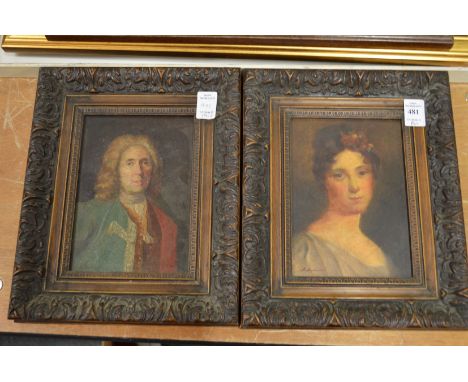 A pair of portraits depicting a man with a wig and a young, possibly oil over print base.