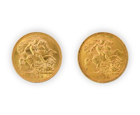 George V, Sovereigns (2), 1929 and 1930 South Africa, bare head, (S.4005). The first about uncirculated the second extremely 