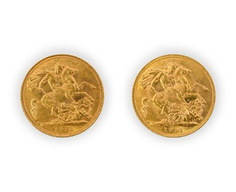 George V, Sovereigns (2), 1911 Canada mint and 1911 Melbourne mint, bare head, (S.3997 and S.3999). Extremely fine, the first