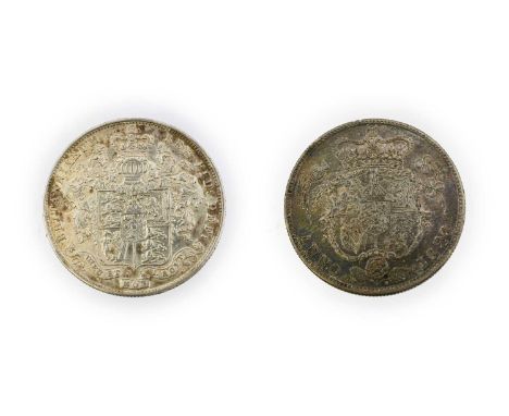 George IV, 2 x Halfcrowns comprising: 1821 laureate head, rev. crowned garnished shield, obv. hairlines o/wise good edge &amp