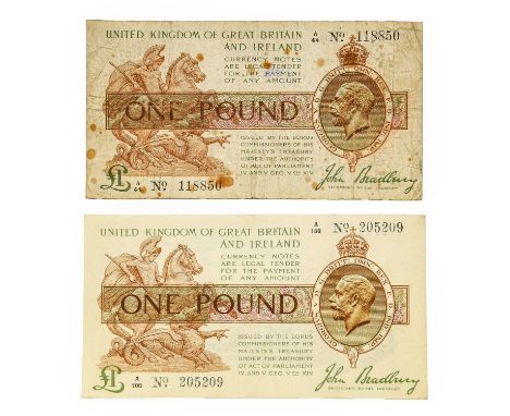 Great Britain, Treasury £1, Bradbury, 1917, third issue, brown, purple and green (2), first series prefix A100 and A44, (T16)